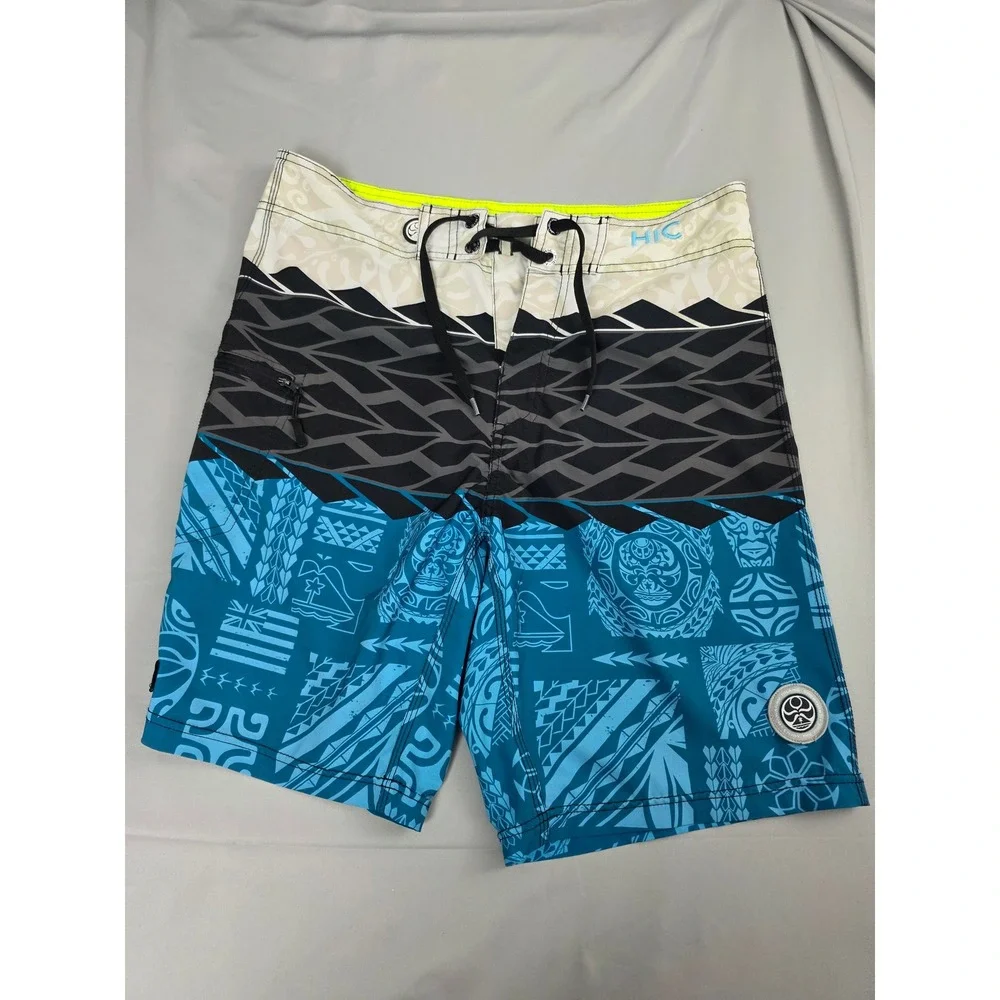 HIC Hawaiian Island Creations Board Shorts Mens Blue Tribal Print Swim Trunks